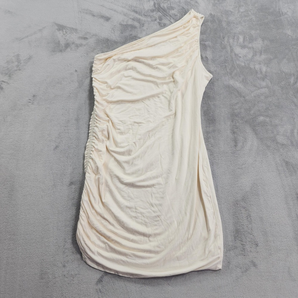 A New Day Dress Womens L Cream One Shoulder Ruched Bodycon Short Mini Party